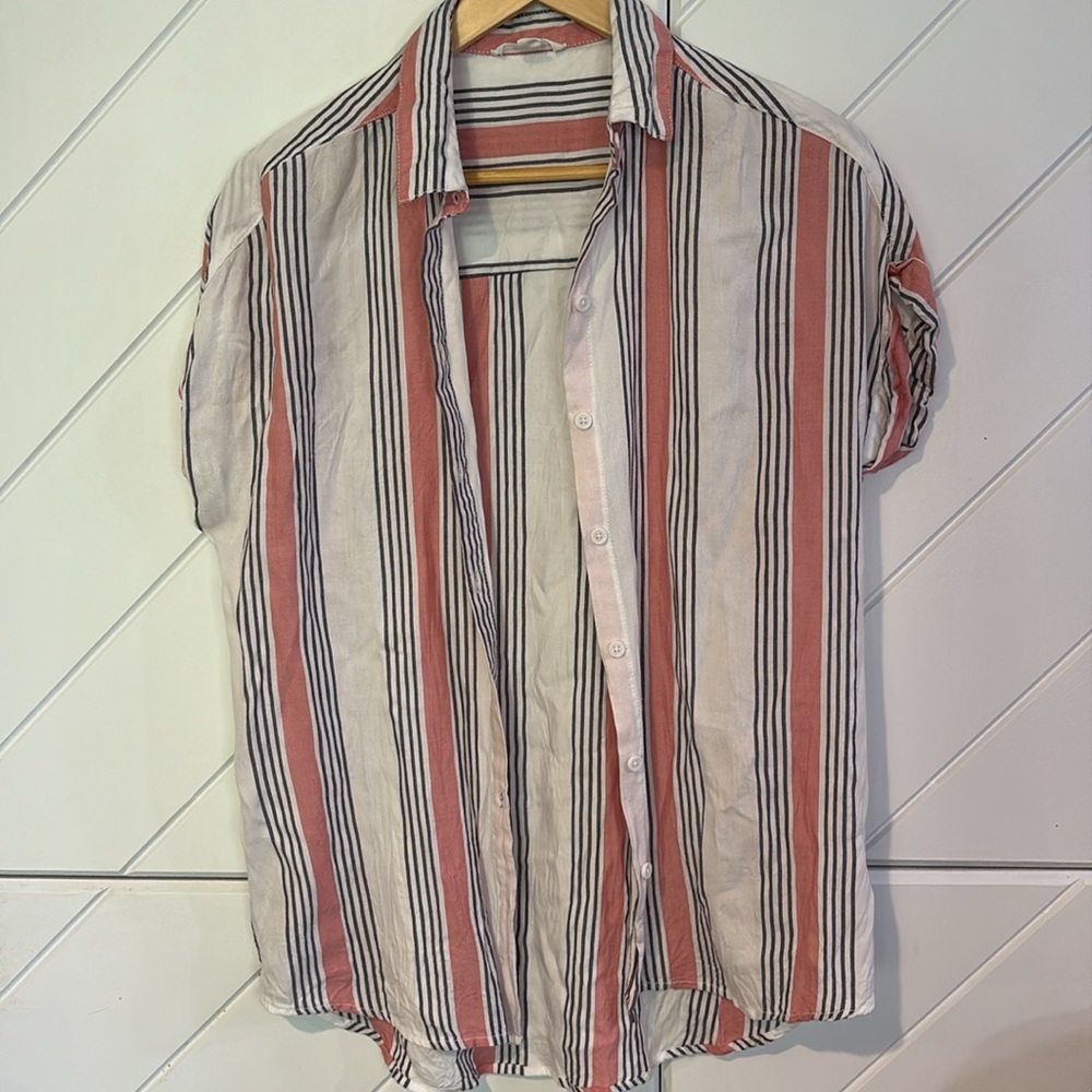 BeachLunchLounge small Striped Button-Up Blouse - Pink and White - Picture 2 of 5